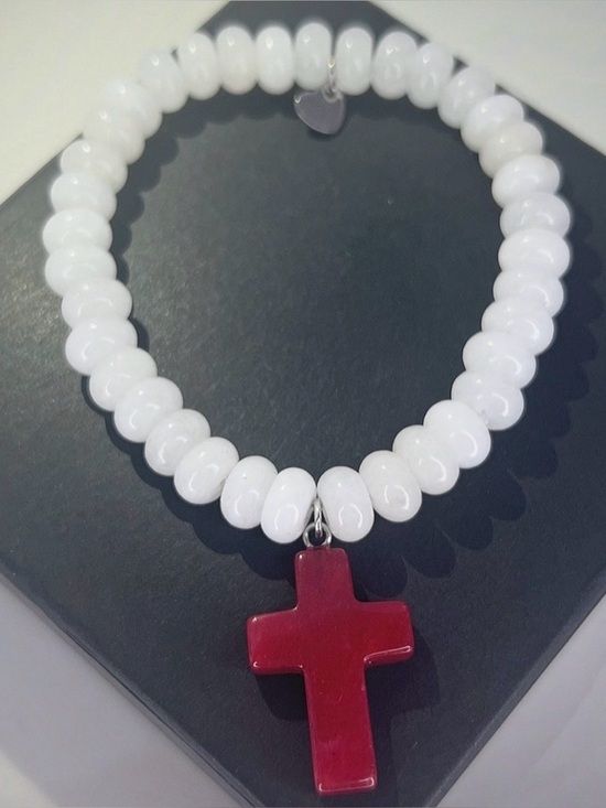 Beyond Grateful Jewelry - Natural White Jade, Red Stone Cross Beaded Bracelet